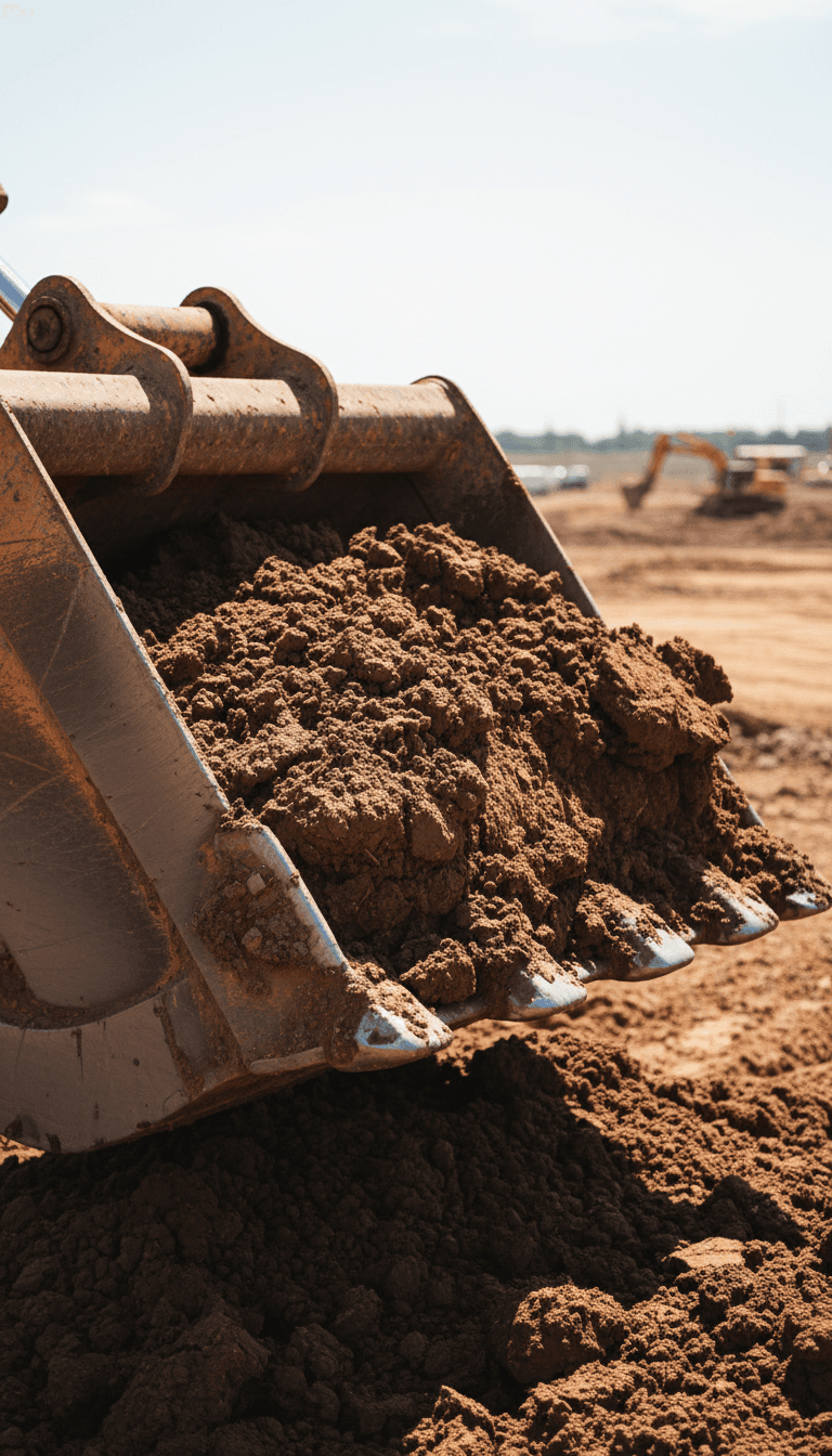 Excavator bucket loaded with cleared soil from site preparation
