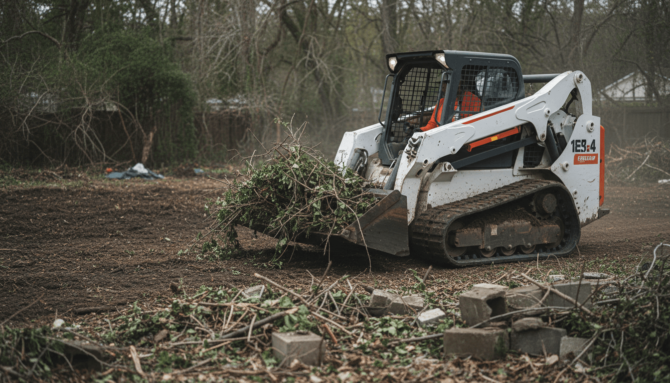 Bulldozer grading and leveling a construction lot