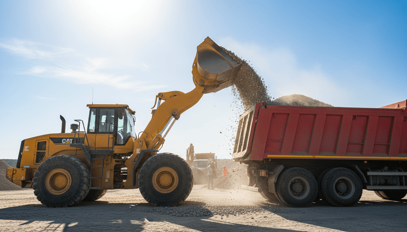 Front-end loader transferring soil to haul truck