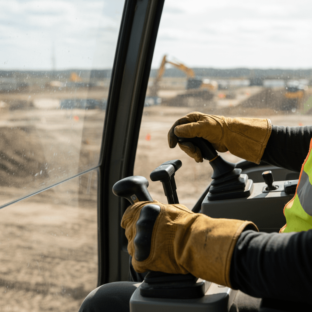 Equipment operator managing grading work from cab
