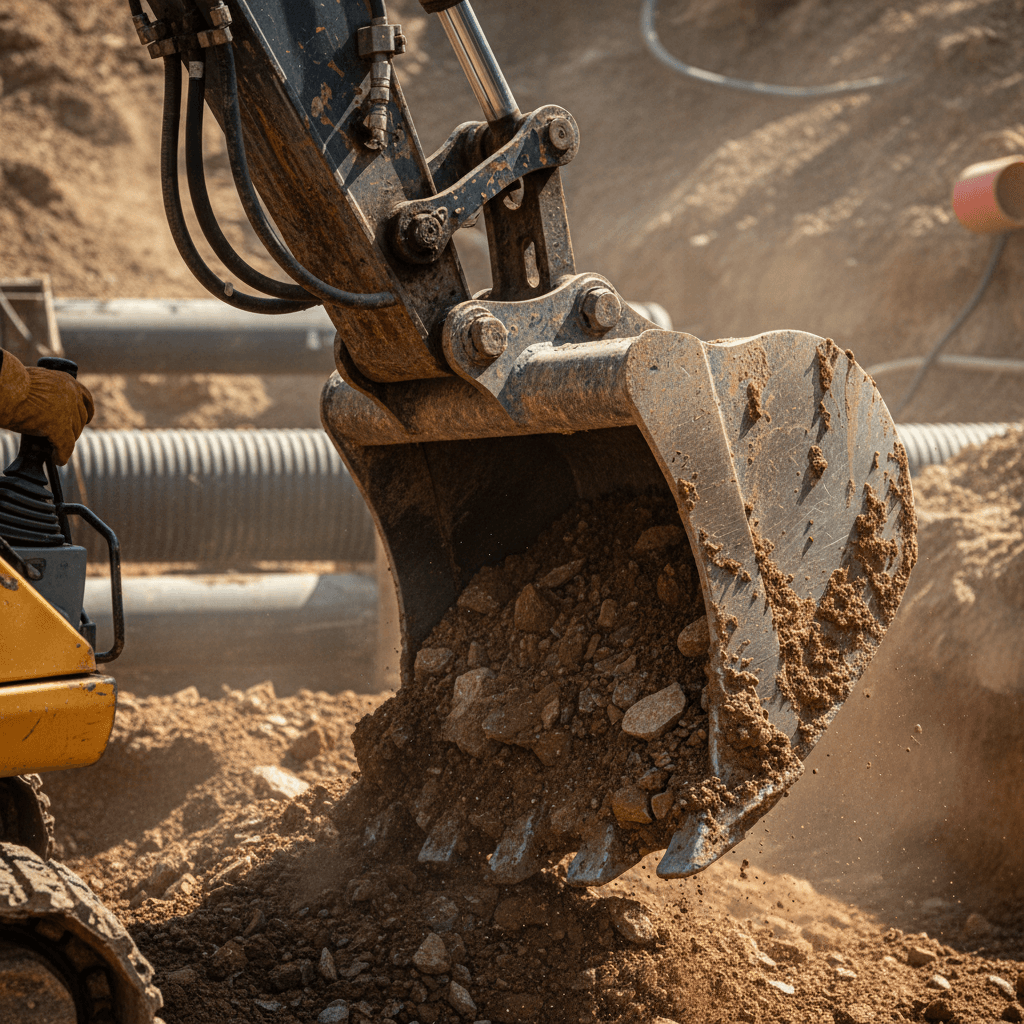 Excavated soil and rock in heavy machinery bucket on construction site