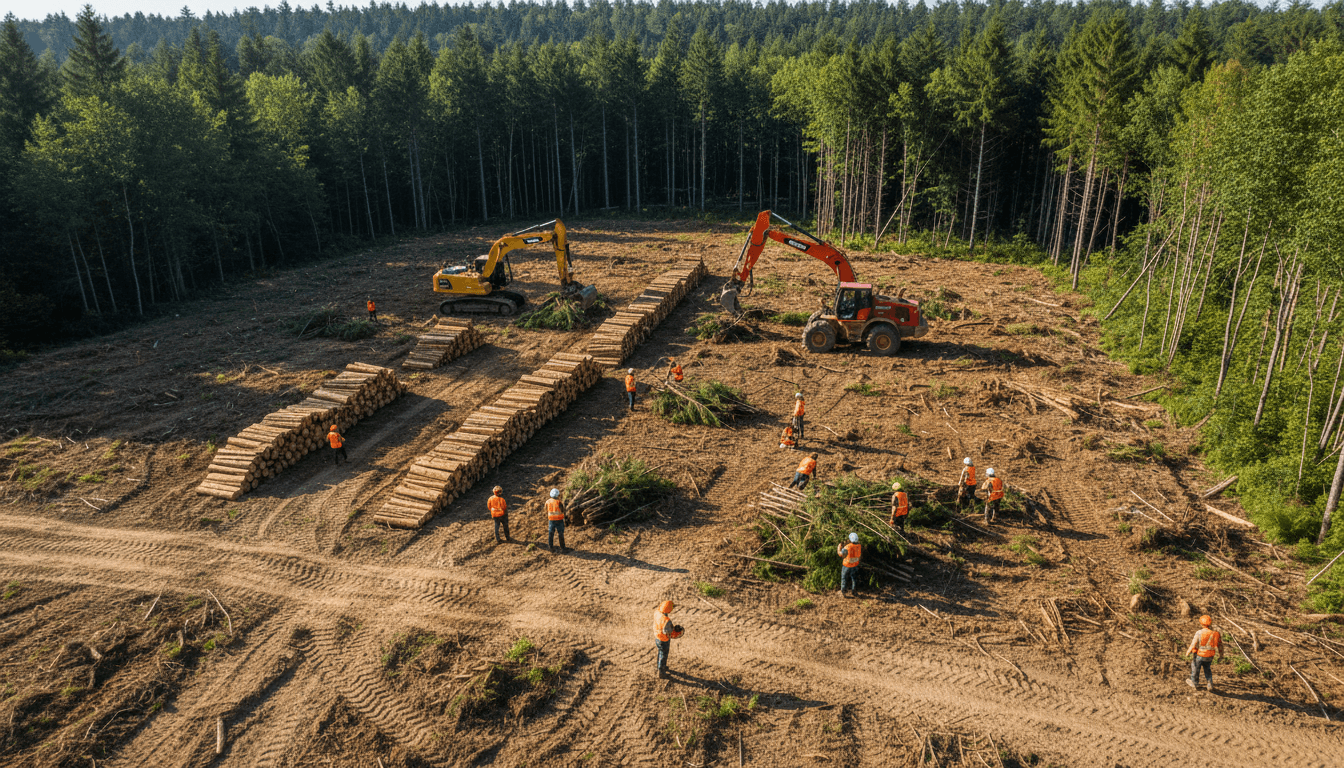 Dense overgrown lot with trees and vegetation ready for clearing