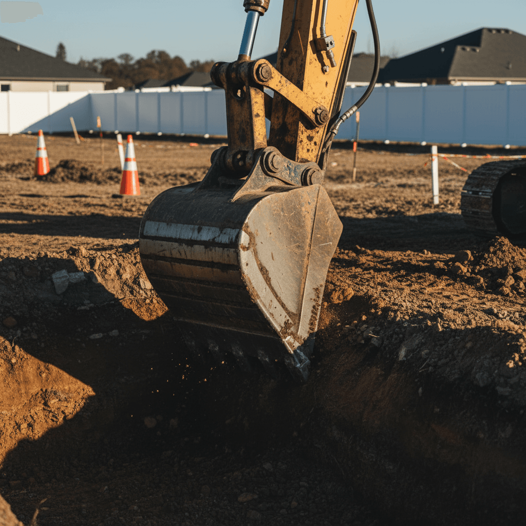 Excavator bucket filled with cleared earth at Fort Myers construction site