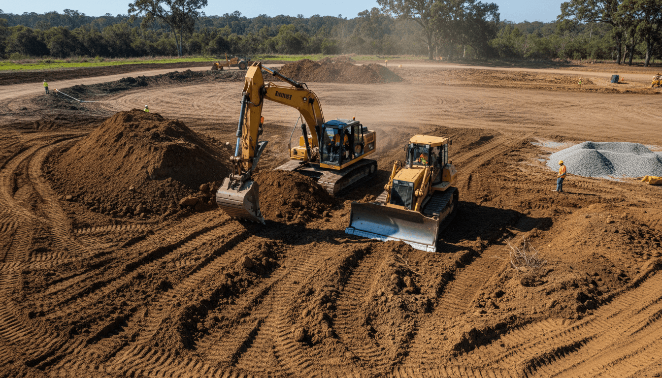 Bulldozer pushing and grading soil across lot